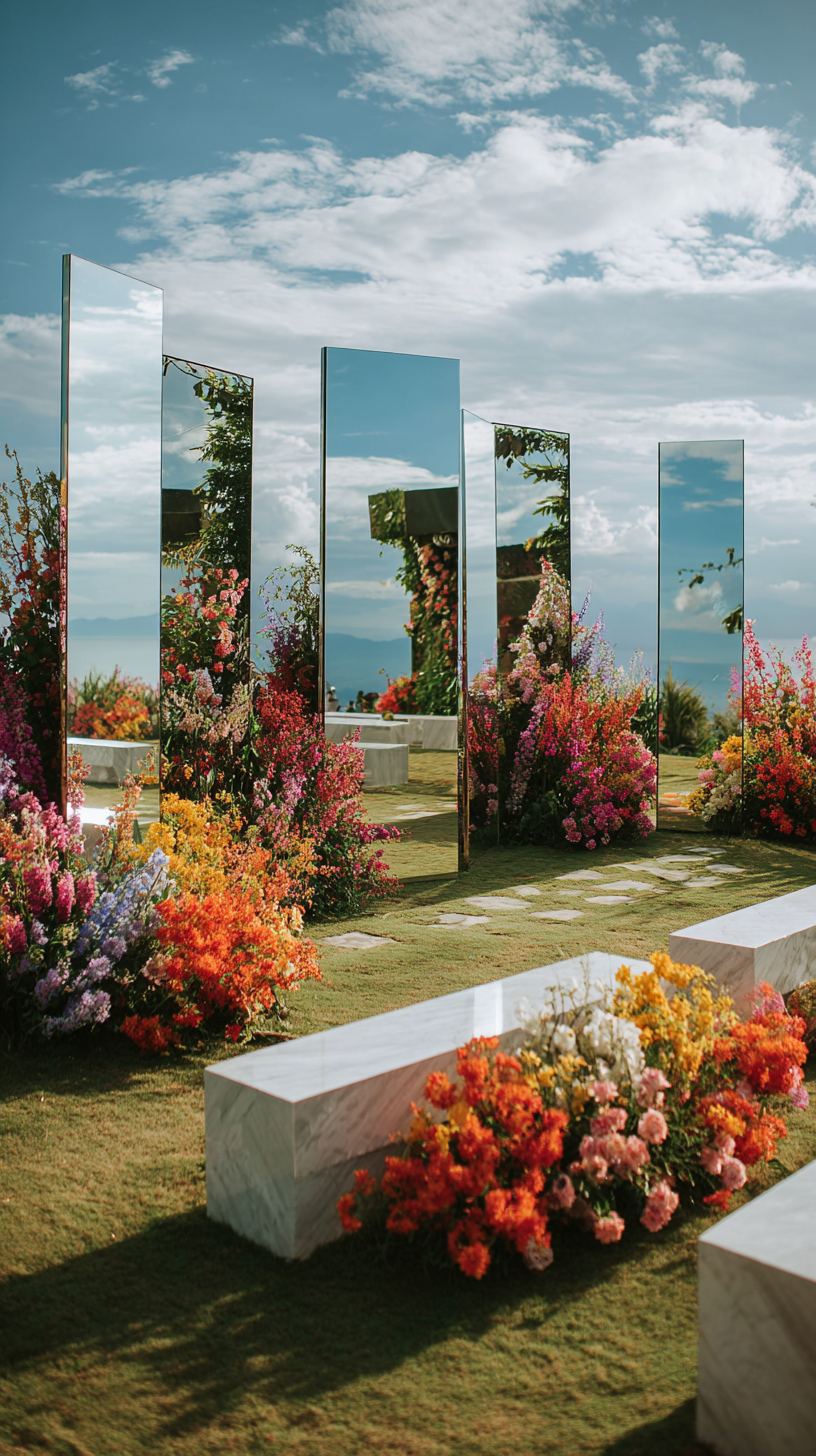 wedding ceremony design with mirrored panels and loose floral arrangements rendering