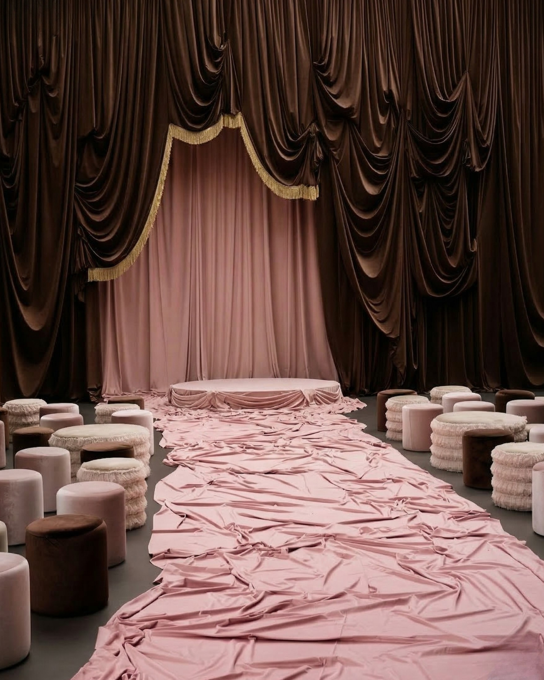 Pink draped fabric on a stage with ornate brown curtains and round stools.